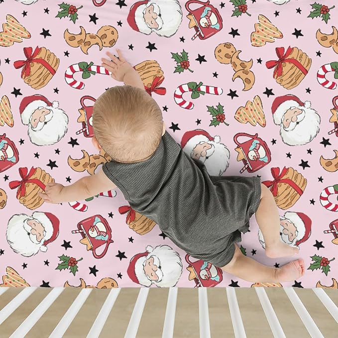 Sweet Christmas Pink Baby Crib Sheets for Boy Girl 52x28 Santa Claus Cherry Fir Candy Soft Snug Fitted Crib Mattress Cover Winter Holiday Festival Baby Sheet for Standard Crib & Toddler Bed Mattress