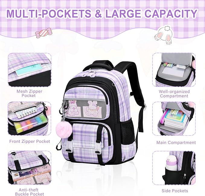 Bevalsa School Backpack with Lunch Box - Kids Girls Bookbag for Elementary to College Students - Casual Travel Daypack - Black Purple