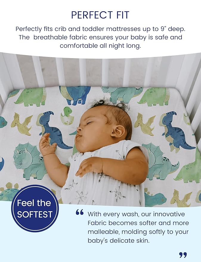 TotAha Dinosaur Crib Sheets for Boys, Premium Soft Crib Mattress Fitted Sheet, Ultra Breathable Baby Sheets, Super Stretchy Baby Bed Sheets 28x52x9 Extra Deep Pocket, 2 Pack