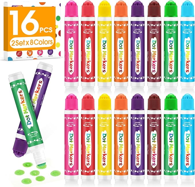 FUMILE 16PCS Dot Markers for Toddlers 1-3,2 Pack 8 Colors Bingo Daubers for kids,Non-Toxic and Washable Bingo Dot Markers for Art and Craft.Dot Paints for kids Drawing Coloring Supplies