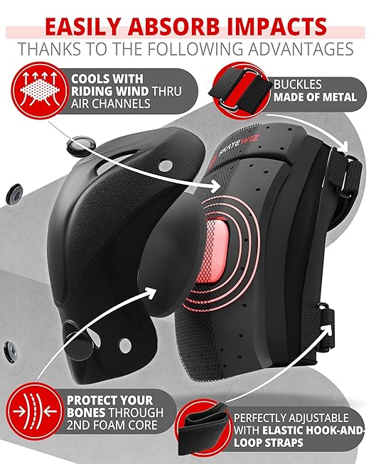 SKATEWIZ Knee Pads for Kids - Knee and Elbow Pads Set - PROTECT-1 - Size M Black - Wrist Guards Skating Protective Gear, Skateboard, Roller Skate, Ice Skates For Kids
