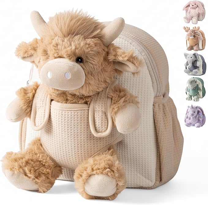 Moonkie Hug & Go Highland Cow Toddler Backpack – Soft Plush Bag with Take-Along Toy for Boys Aged 2–4 | Ideal for Daycare | Travel & Birthday Gifts for 3-Year-Old Kids