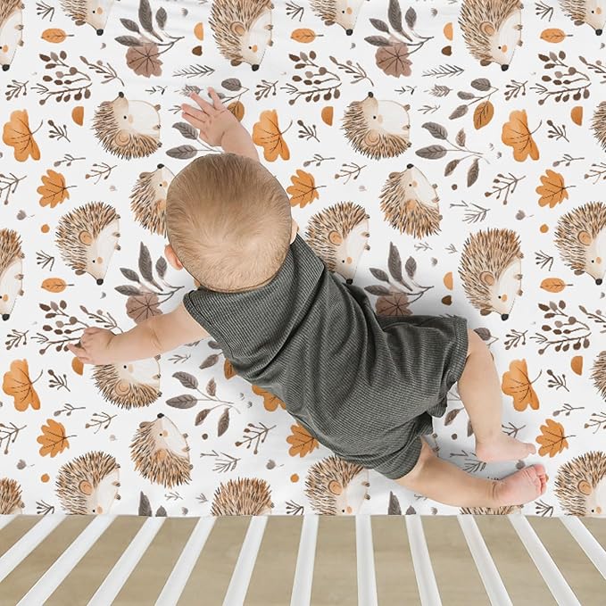 Watercolor Hedgehog Leaves Baby Crib Sheets for Boy Girl 52x28Inch Cute Hedgehogs Soft Stretchy Fitted Crib Mattress Cover Animals Baby Sheet for Standard Crib and Toddler Mattresses
