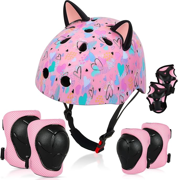 Kids Helmet, Bike Helmets for Kids 8-14 with Knee Pads and Elbow Pads Wrist Guards, Adjustable Youth Girls Bike Helmet with DIY Cat Ears Skateboard Helmet for Scooter Skating Cycling