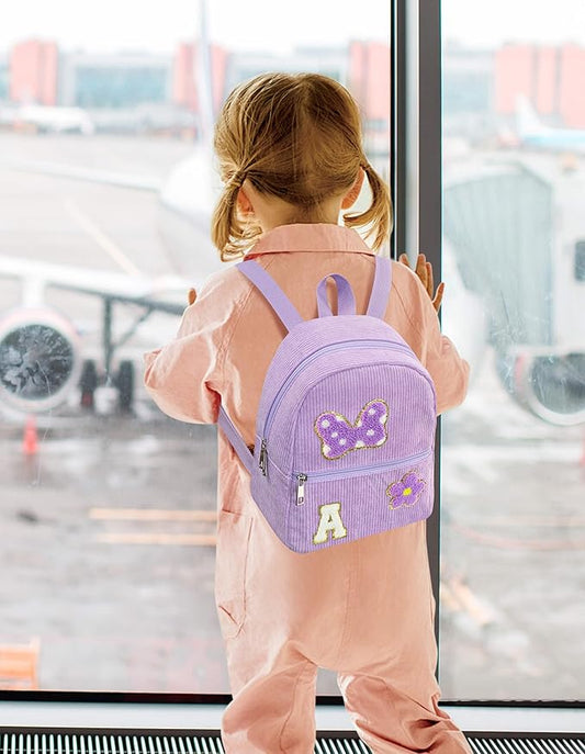 2 3 4 5 6 Year Old Girl Gifts Chenille Initial Mouse Bow Mini Backpack, Corduroy Toddler Backpacks Christmas Birthday Gifts for Girls 2-4 5-6, Purple Mini Diaper Bag Must Haves for Park Travel A