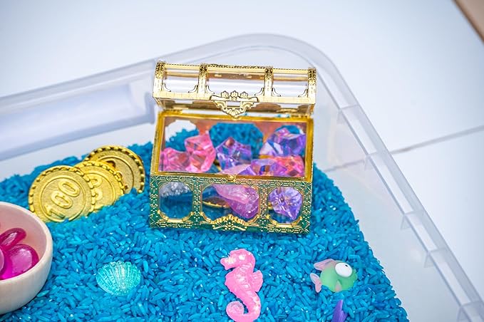 Mermaid Sensory Bin Kit for Kids – Blue Rice, Pinto Beans, Mermaids, Gems, Shells & Treasure Chest – Ocean-Themed Sensory Play with Storage Bin