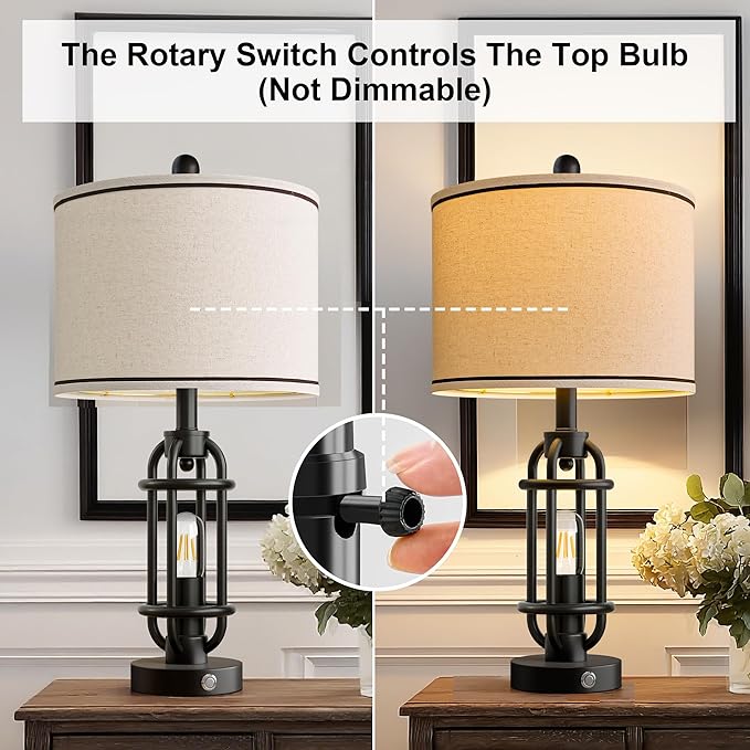 G-SAFAVA 24'' Table Lamps for Living Room Bedroom Set of 2 Industrial Touch Lamp with USB A+C Ports, Night Light Farmhouse Vintage Nightstand Bedside Lamps for Night Stands Metal Black, Bulbs Included