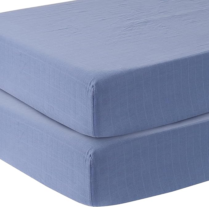 MOZAH Organic Muslin Crib Sheets, Soft and Breathable Bedding for Baby Girls or Boys, Snug Fitted Sheet for Standard Cribs & Toddler Mattresses, 2 Pack, Blue