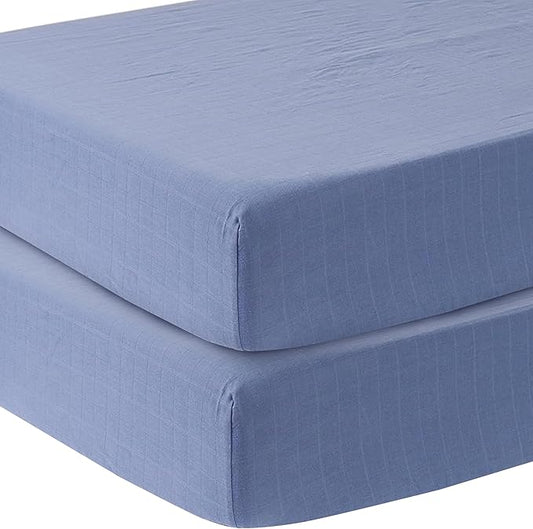 MOZAH Organic Muslin Crib Sheets, Soft and Breathable Bedding for Baby Girls or Boys, Snug Fitted Sheet for Standard Cribs & Toddler Mattresses, 2 Pack, Blue