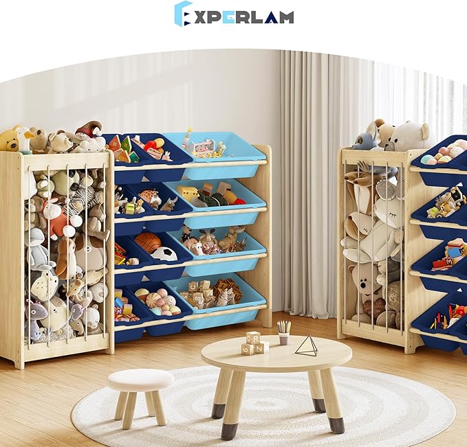 EXPERLAM Kids Toy Storage Organizer, 2-in-1 Stuffed Animal Storage & Toy Organizer w/12 Bins, Solid Wood Toy Rack Featuring Thicker Elastic Ropes, Playroom Nursery Bedroom Storage, Blue