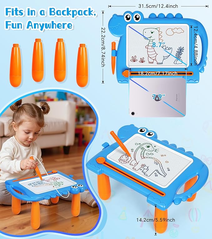Dinosaur Magnetic Doodle Board Table for Toddlers, Color Drawing & Writing Sketch Pad Educational Learning Kids Toy for 1 2 3 Year Old Boys Girls, Mess-Free Art Gift for Birthday or Christmas, Blue