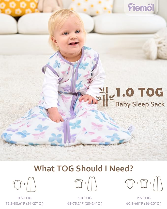 Rayon Made from Bamboo Baby Sleep Sack 12-18 Months, 1.0 Tog Baby Wearable Blanket, Soft Sleeping Bag for Infant Toddler Babies with 2-Way Zipper 2 Pack (Large) Purple Butterfly