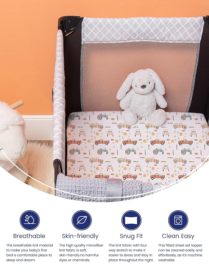 TotAha Premium Stretchy Pack N Play Playard Sheets | Mini Crib Sheets (2-Pack) -Hypoallergenic, Silky Comfort, Buttery Soft, Calming Effect, All-Season Jersey-Knit Sheets 38 X 24 Halloween Pumpkin