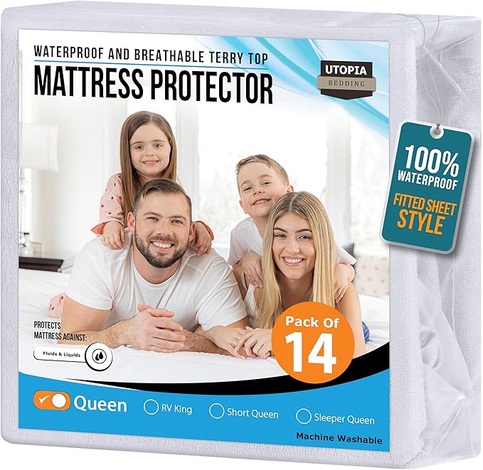 Utopia Bedding Waterproof Mattress Protector Queen Size 14 Pack, Premium 200 GSM Terry Mattress Cover, Soft & Breathable Bed Cover, Fitted Sheet Style with Stretchable Deep Pockets 17" (White)