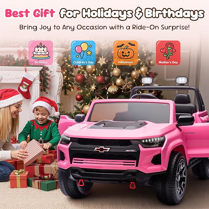24V Ride On Car for Toddlers and Kids, Licensed Chevrolet Colorado ZR2 2-Seater 4WD Electric Truck with Remote Control, Battery Powered Wheels, LED Lights, Bluetooth Music, 132 lbs Load Capacity