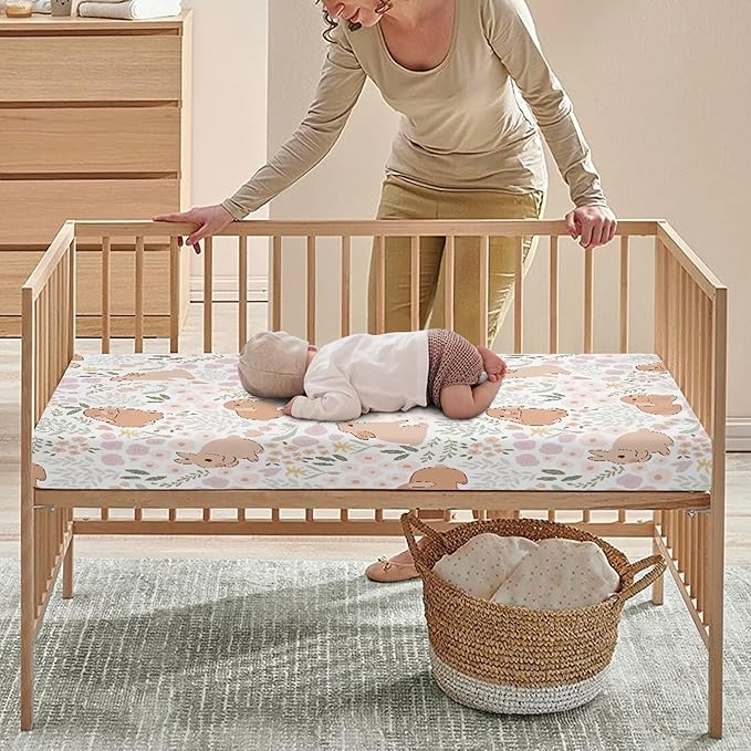 Rabbit Floral Fitted Crib Sheet Flower Animal Baby Crib Sheet Fit Standard Crib and Toddler Mattress,Crib Mattress Sheets for Boys Girls 28"x52"