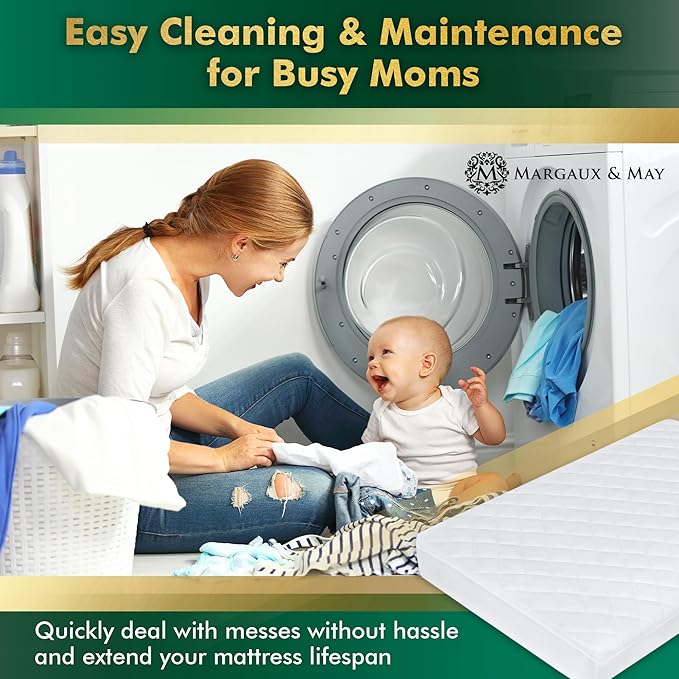 Margaux & May Crib Mattress Protector Pad - Ultra-Soft Waterproof Breathable Premium Bamboo Rayon - Noiseless Fitted Dryer Safe Cover. High Absorbency Oeko-TEX Certified (28 x 52 x 9 inches)