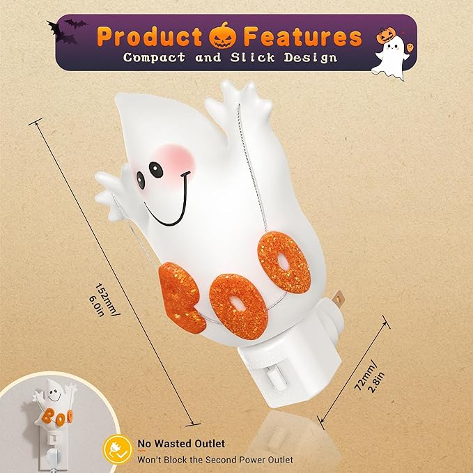 JandCase Ghost Night Light, 3000K Night Lights Plug into Wall,Cute & Funny Halloween Night Light for Kids,Plug in Ghost Nightlight with 360° Rotatable for Halloween Party Decor,1 Pack