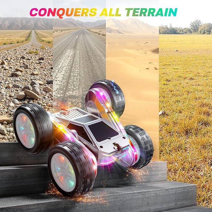 WayEee Remote Control Car for Boys 4-7, 360° Flips Rotating RC Stunt Car with Type-C Charging and LED Lights Strips, 2.4 GHZ Double Sided All Terrain 4WD RC Cars for Girl Boys Christmas Birthday Gift