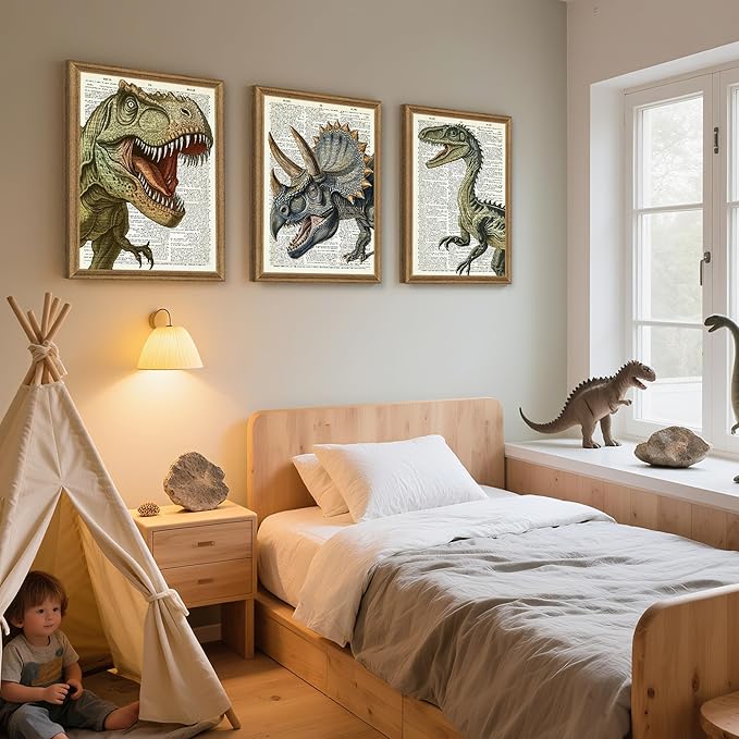 Ovczax 3 Pieces Dinosaur Canvas Wall Art - Tyrannosaurus Rex, Triceratops, Velociraptor Decor For Kids Room Game Room, Living Room, Bedroom 24" x 16"With Framed