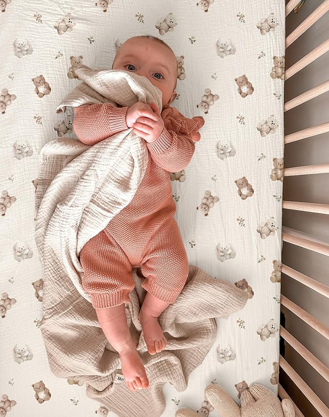 Muslin Bedside Bassinet Sheets 2 Pack, 33x20 Fitted Ultra Soft & Breathable Bedside Sleeper Sheets, Ideal for Baby Girl and Boy, Perfect for Newborns (Teddy & Friends)