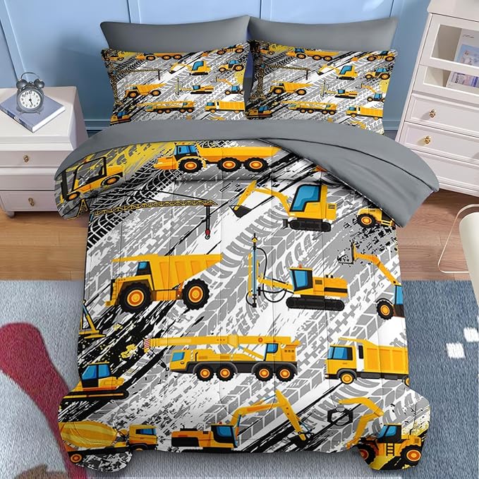 Nesker 4 Pcs Comforter Set Toddler Size, Cartoon Yellow Vehicle Bedding for Kids Teen, Trucks Construction Bed Sheet with Pillowcase & Sham