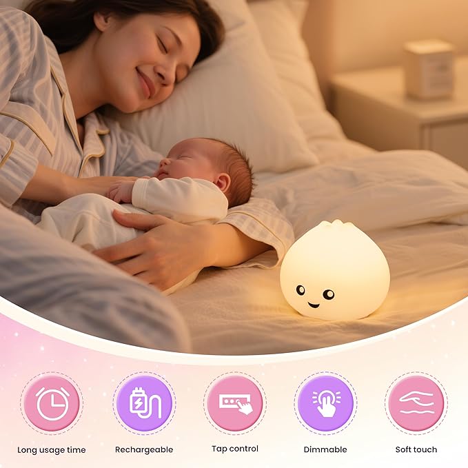 loatme Night Light for Kids, Rechargeable Dimmable Silicone LED Nightlight with 7 Colors, Baby Nursery Night Lamp, Touch Squishy Lamp, Cute Gifts for Girls, Boys, Toddler Room Decor, Dumpling