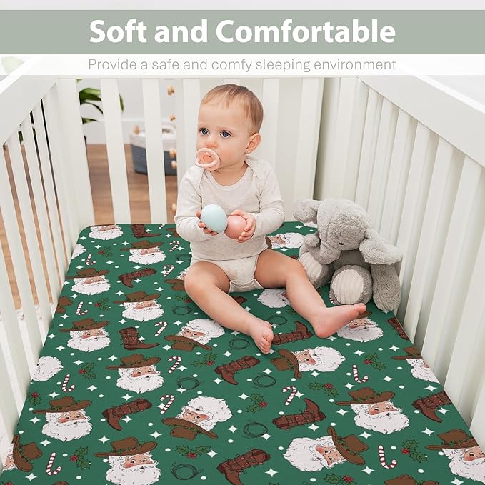 Green Cowboy Santa Christmas Baby Crib Sheets for Boy Girl 52x28Inch Western Santa Hat Boots Fir Leaves Soft Snug Fitted Crib Mattress Cover Wild West Baby Sheet for Standard Crib & Toddler Mattress