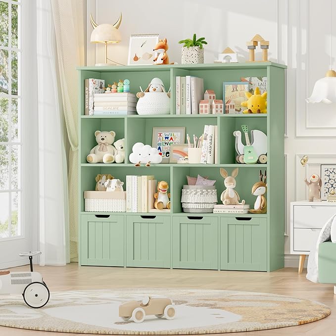 FINETONES Storage Organizer, Bookshelf with 4 Movable Chests and 7 Storage Cubes, Chest Storage with Hidden Wheels, Organizers and Storage, Green