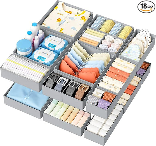 DIMJ Drawer Organizer Clothes - 18 Pack Closet Drawer Organizer Bins for Baby Clothes Storage, Fabric Dresser Organizer for Nursery Bedroom, Foldable Small Drawer Dividers for Underwear Socks