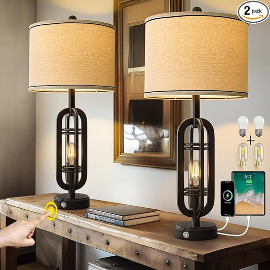 G-SAFAVA 27.25'' Table Lamps Set of 2 for Living Room Bedroom Industrial Farmhouse Metal Touch Lamps with USB A+C Ports, Night Light Vintage Nightstand Bedside Lamp, Bulbs Included, Black