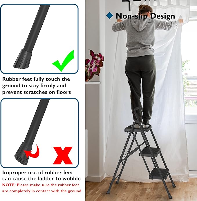BONTEC 3-Step Ladder, Folding Step Stool, 600lbs Max Load Capacity, Sturdy Steel, Non-Slip Pedals, Lightweight, Portable Steel Ladder with Convenient Handrail, Safety Design for Home & Work, Black