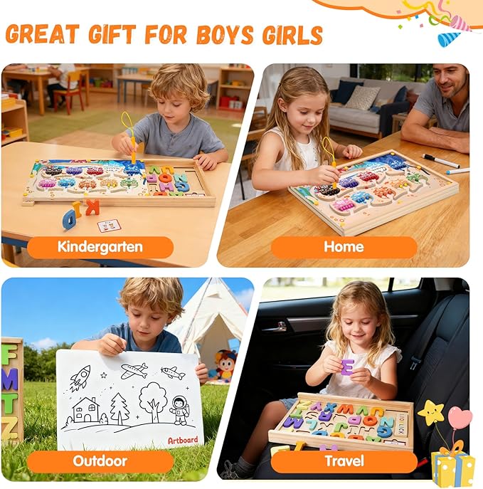 4 in 1 Wooden Montessori Toys with Storage Box for 3-5 Year Old- Magnetic Color and Number Maze, Alphabet Puzzles, Drawing Board, Toddlers Educational Learning Toy Gift for Kids Boys Girls