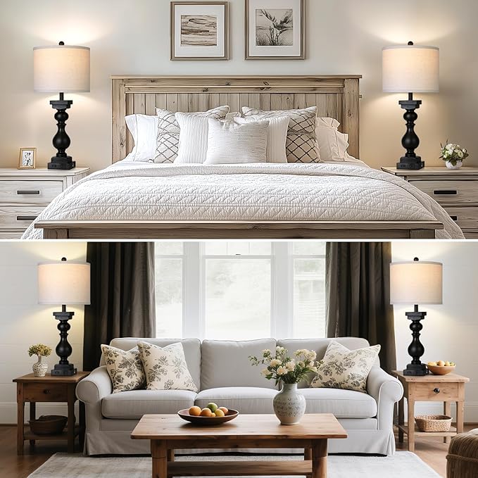 MOUVOVO 28" Tall Farmhouse Table Lamps Set of 2 with USB C+A Ports and AC Outlet, 3 Way Touch Tall Rustic Bedside Lamps for Living Room, Black Vintage Lamps for Bedroom