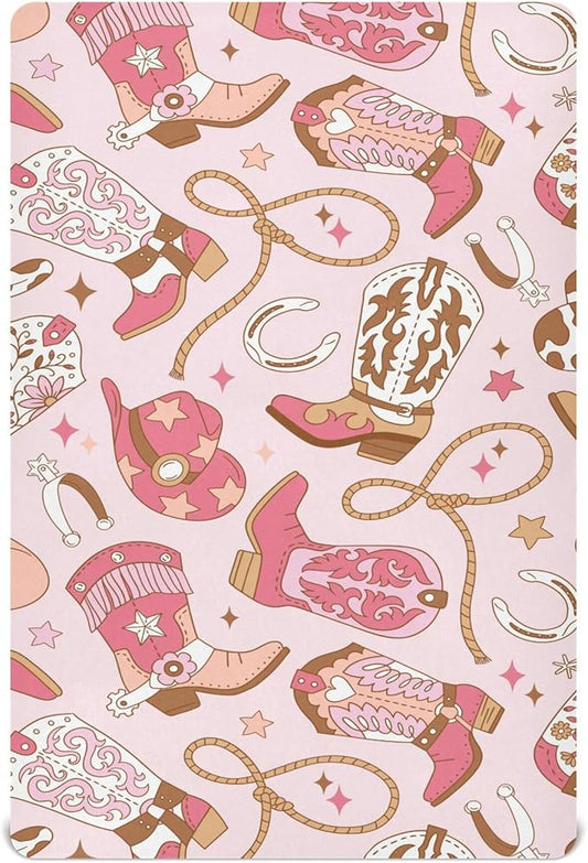Western Cowgirl Boots Crib Sheets Soft Breathable Fitted Baby Crib Sheets Mattress Cover for Girls Boys, 52" x 28" x 9"