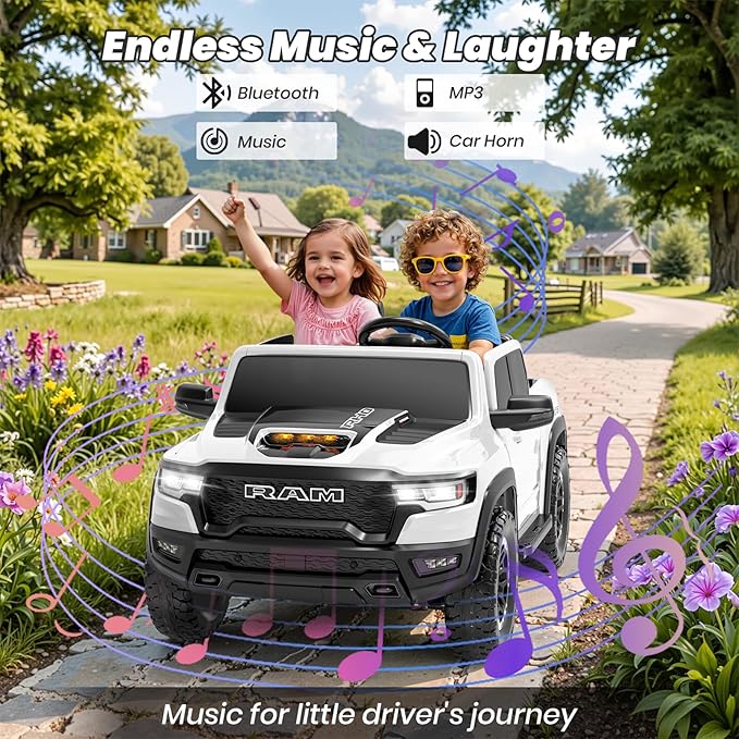 Licensed RAM 1500 RHO 24V Ride on Toys for Boys & Girls, 2 Seater Kids Electric Car, Kids Ride on Car w/Remote Control, LED Lights, Bluetooth Music, Truck Bed Storage(White)