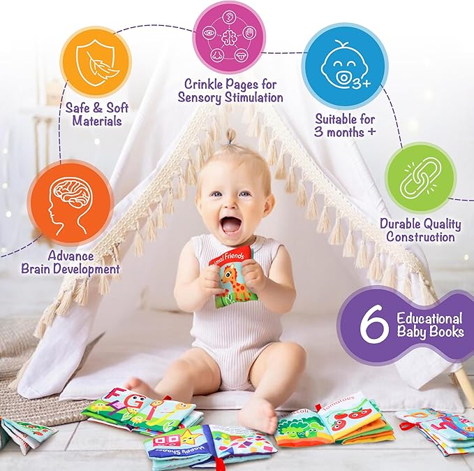 BabyBibi Cloth Books for Babies (Set of 6) - Premium Quality Soft Books for Babies. Touch and Feel Crinkle Paper. Cloth Books for Early Children's Development.