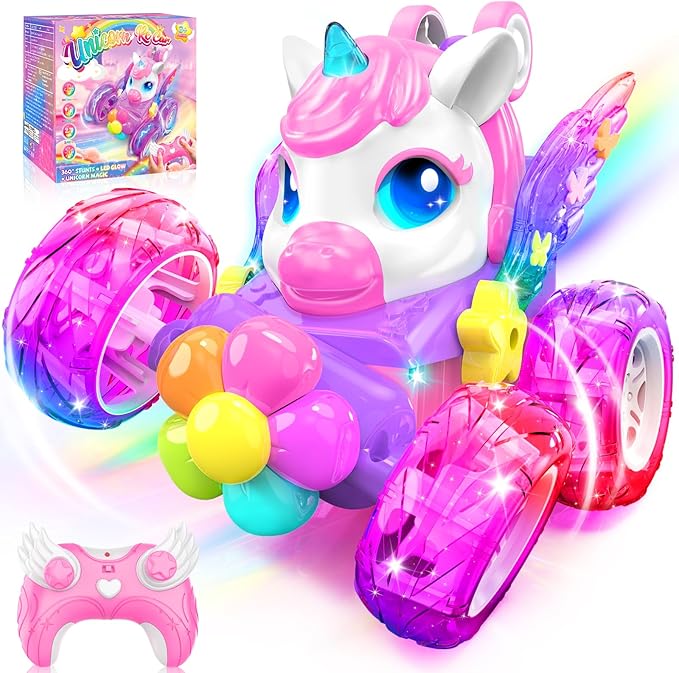 Unicorn RC Cars for Girl Toys with Glowling Crystal Wings &Eyes Lights,360°Rotation Remote Control Car Unicorn Stunt Car,Indoor Outdoor Toys Stocking Stuffers Gifts for 3 4 5 6 7 8 9+Year Old Girls