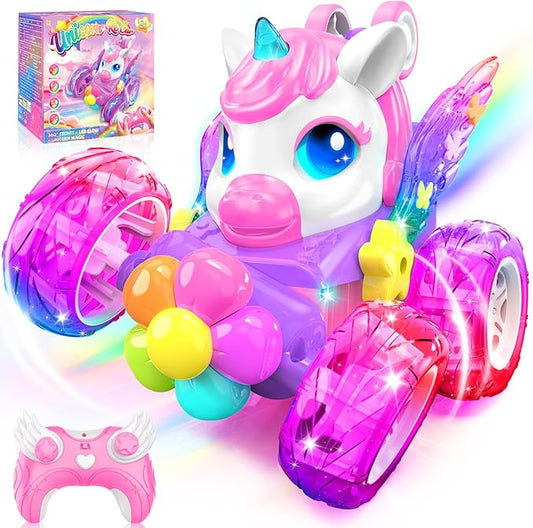 Unicorn RC Cars for Girl Toys with Glowling Crystal Wings &Eyes Lights,360°Rotation Remote Control Car Unicorn Stunt Car,Indoor Outdoor Toys Stocking Stuffers Gifts for 3 4 5 6 7 8 9+Year Old Girls