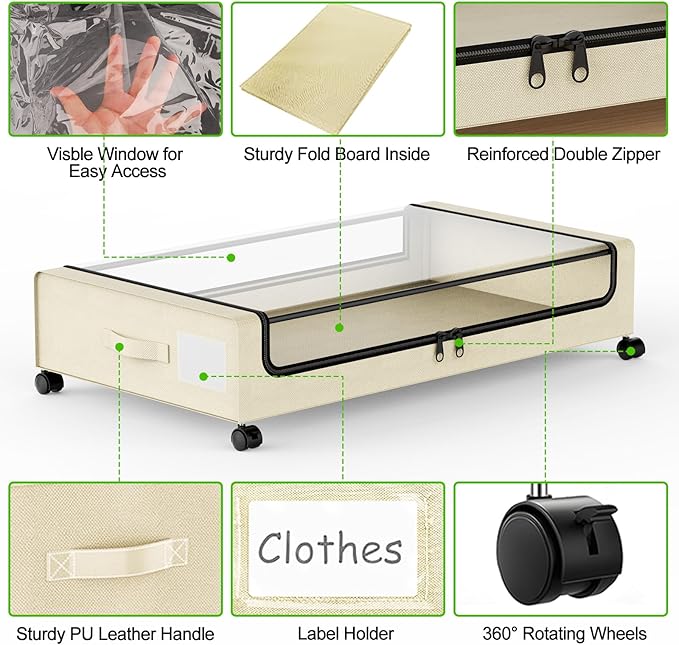 Molutsody Under Bed Storage with Wheels, 4-Pack UnderBed Storage Containers with Clear Lids, Under Bed Shoe Storage Organizer, Rolling Under Bed Storage for Clothes Shoes Blankets (Beige)