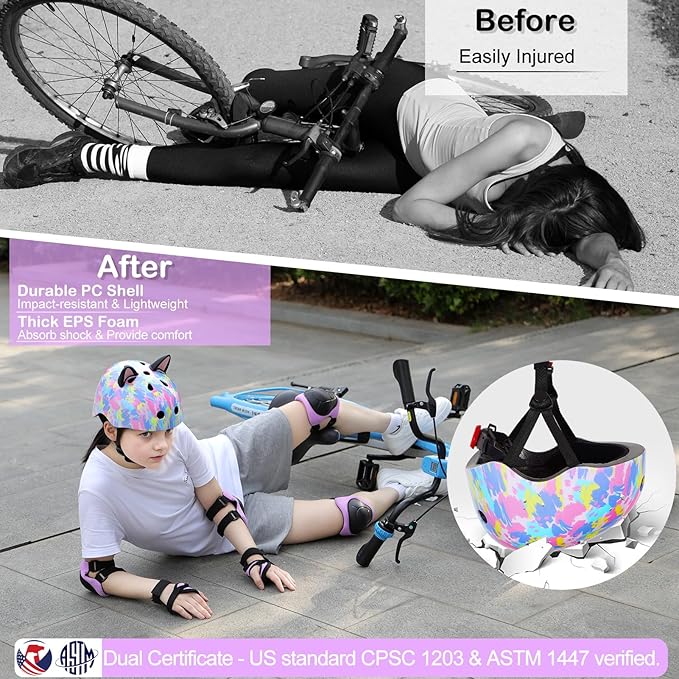 Kids Helmet, Bike Helmets for Kids 8-14 with Knee Pads and Elbow Pads Wrist Guards, Adjustable Youth Girls Bike Helmet with DIY Cat Ears Skateboard Helmet for Scooter Skating Cycling