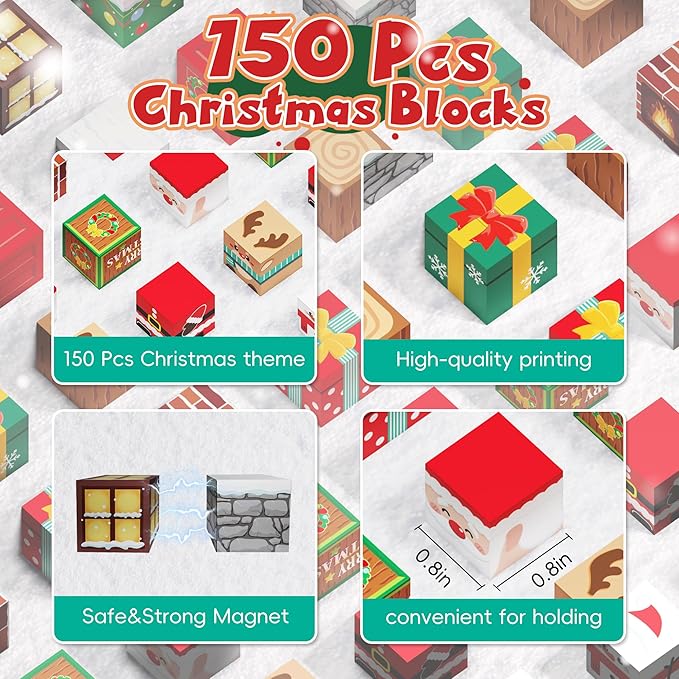 Magnetic Blocks, 150PCS Magnetic Building Block Cubes, STEM Montessori Sensory Toys for Kids Boys Girls Ages 3 4 5 6 7 8 9 10 (Christmas Version)