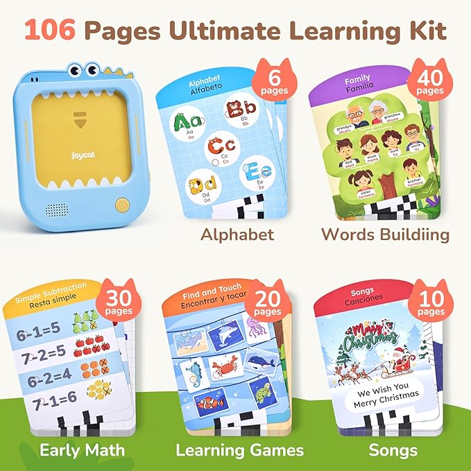 JoyCat Bilingual Kids Learning Tablet, 106 Pages Talking Cards with 20 Interactive Games, Montessori Toy for Alphabet, Words, Simple Math, Colors & Songs, Toddler Learning Toys for 2-6 Year Old Gifts