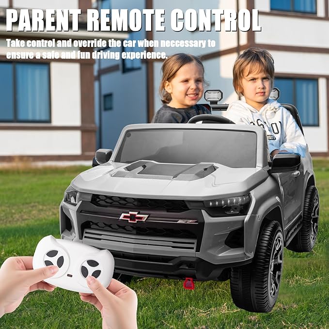 POSTACK 24V Official License Chevrolet Kids Ride On Car Side by Side 2-Seater Truck Battery Powered 4 Wheel with Remote Control Electric Car UTV Truck Car Children Toy Gifts for Boys and Girls Gray