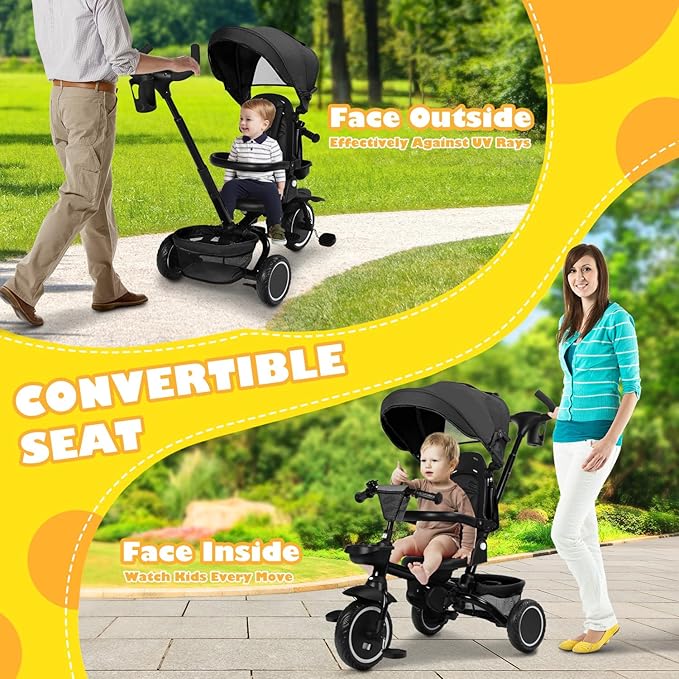 Folding Kids Tricycle, 8 in 1 Baby Trike W/Removable & Adjustable Canopy, Parent Handle, 5-Piont Safety Harness, Toddler Bike Stroller for Kids 1-6 Years, EVA Wheels, Storage Basket, Black