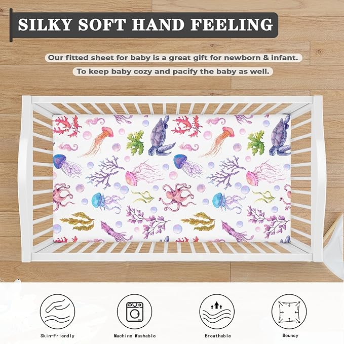 Ocean Purple Fitted Crib Sheet for Boys Girls Turtle Jellyfish Sea Horse Weeds Sea Life Baby Sheet for Standard Crib and Toddler Nursery Bed Mattress Sheets 28"x52"