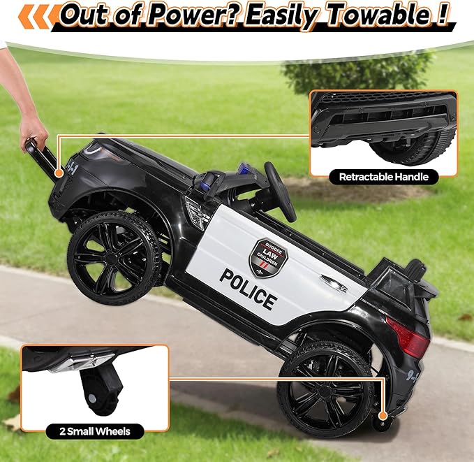 TOBBI Police Car Ride on Electric Car for Kids to Drive Battery Powered Ride-on Toys Cop Cars with Remote Control, Siren, Flashing Lights, Music, Spring Suspension, Carbon Black