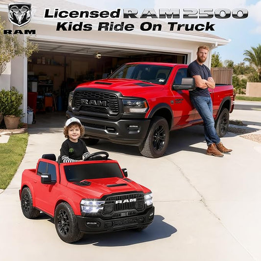 FUNTOK 24V 2 Seater Ride On Truck for Big Kids, Licensed RAM 2500 Kid's Electric Vehicles w/Remote Control, LED Light/Music/MP3/Bluetooth, Truck Bed Storage, Carry Wheels & Handle, Car for Kids 3-8