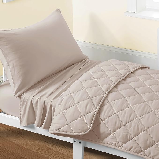 FLXXIE 4 Pieces Toddler Bedding Set, Soft and Breathable Microfiber Crib Sheet Set, Includes Quilted Comforter, Flat Top Sheet, Fitted Sheet, Envelope Pillow Case for Boys and Girls, Light Taupe
