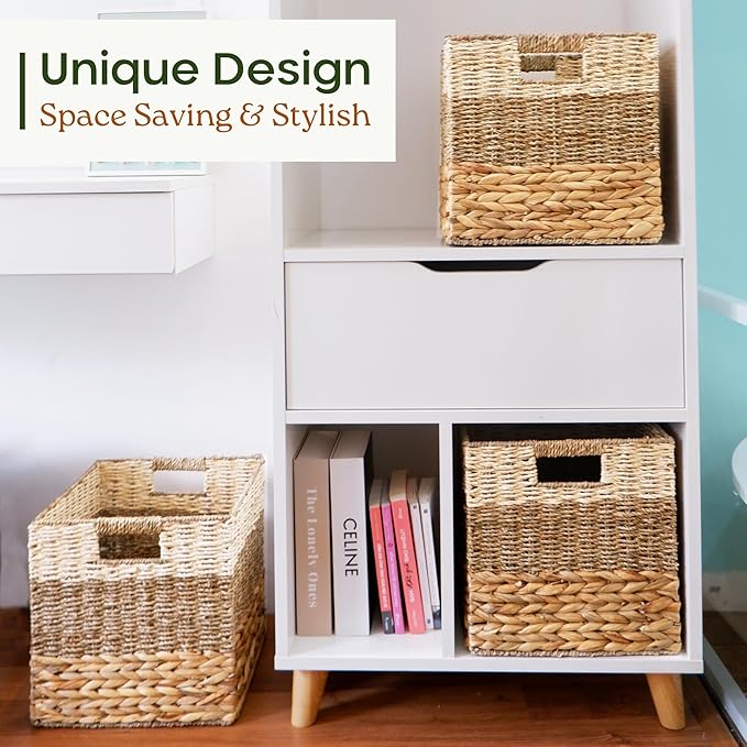 CHI AN HOME 12x12 Storage Cube Bins Wicker Storage Basket for Cube Shelf, Natural Foldable Square Baskets for Storage, Large Woven Cube Storage Bin with Handle, Baskets for Pantry, Bedroom Set of 4